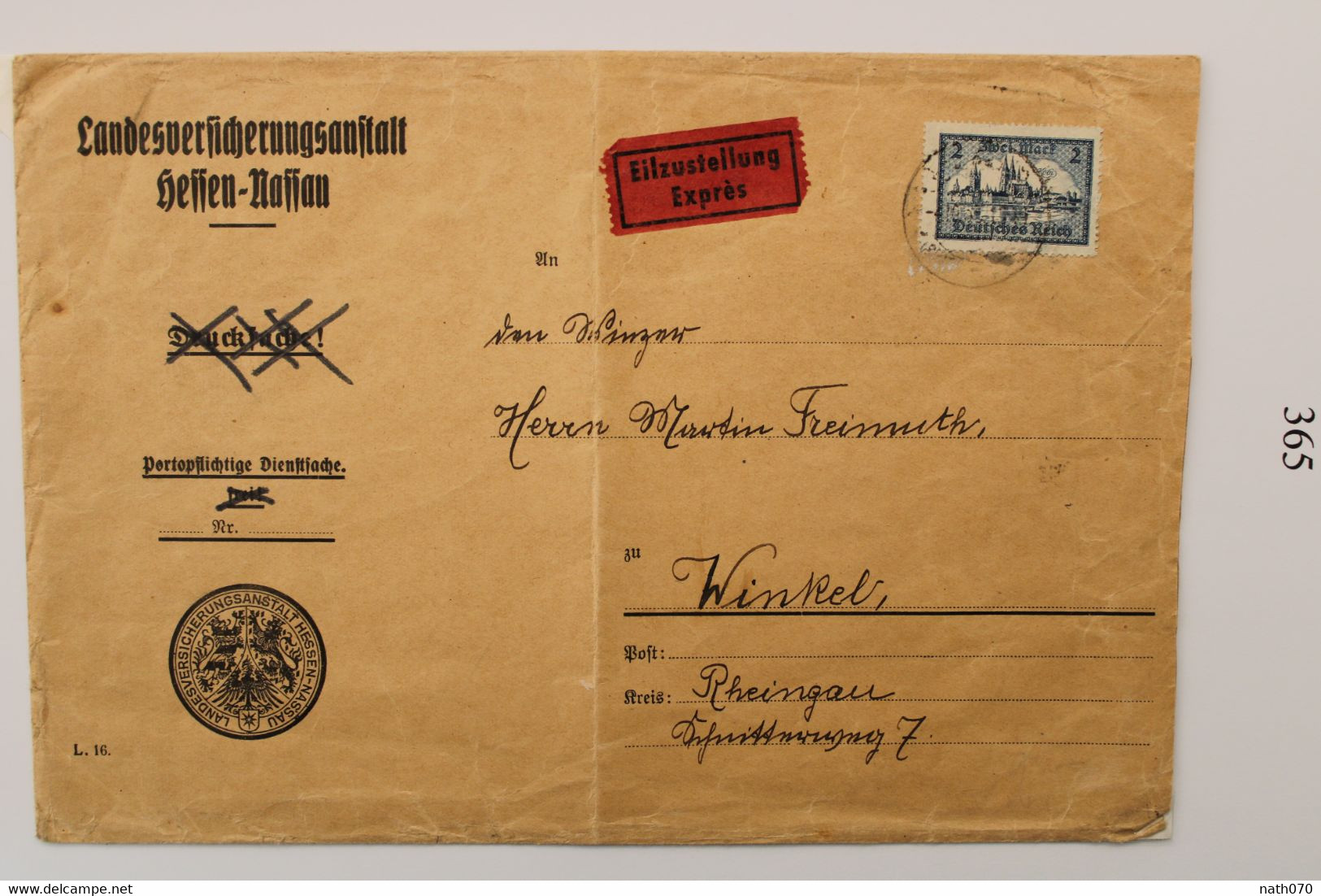 1920's Winkel Eilzustellung Exprès Essen Nassau Deutsche Reich Allemagne Cover Timbre Seul Mi 365 - Cartas & Documentos