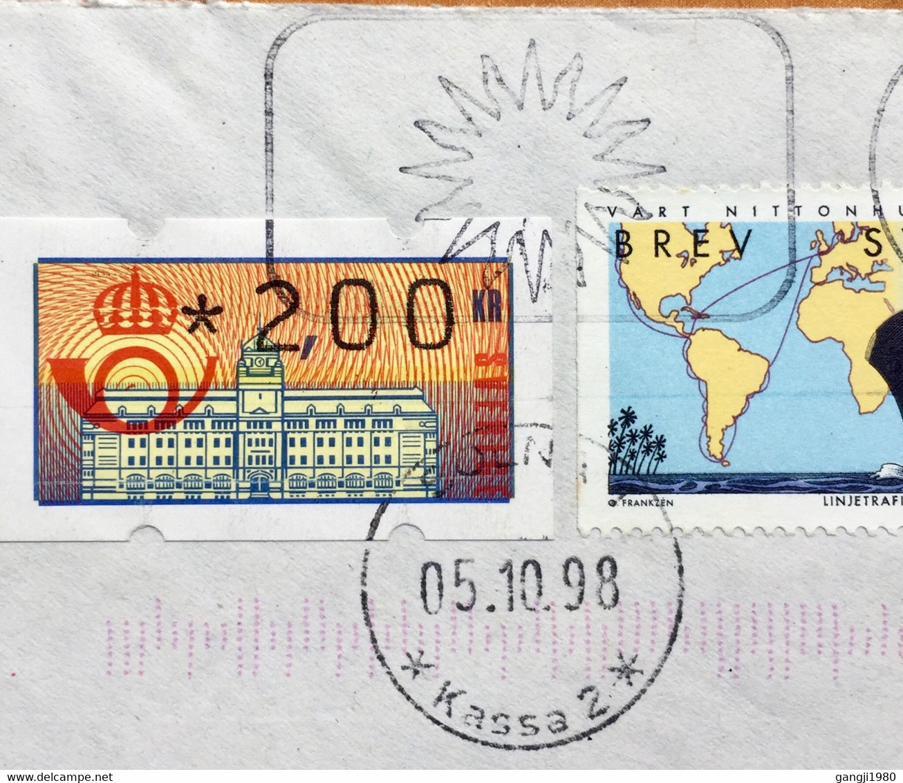 SWEDEN 1998, AIRMAIL COVER TO UK ATM STAMP ,SELF ADHESIVE STAMPS ,SHIP ,GLOBE,POST HORN ,BUILDING ,PICTURAL CANCELLATIO - Covers & Documents