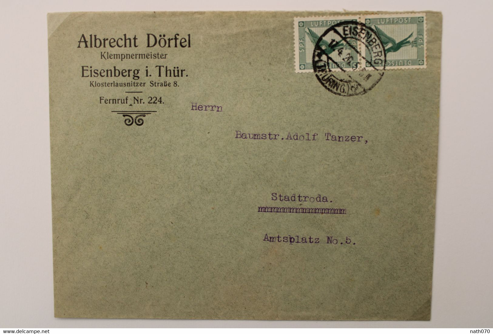 1926 Eisenberg Stadtroda Flugpost Paar Luftpost Air Mail Poste Aerienne Cover Deutsches Reich Germany Allemagne Mi 378 - Covers & Documents