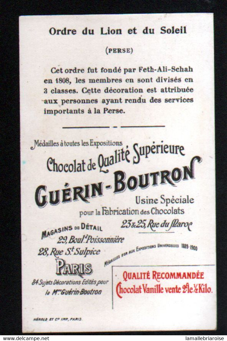 Chromo Chocolat Guerin Boutron, Medaille, Ordre Du Lion Et Du Soleil (Perse) - Guerin Boutron