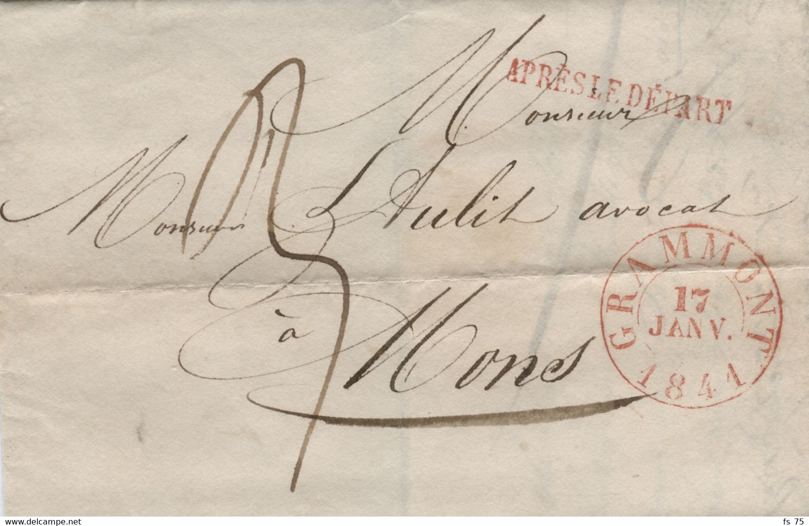 BELGIQUE - GRAMMONT + APRES LE DEPART SUR LETTRE SANS CORRESPONDANCE, 1841 - 1830-1849 (Unabhängiges Belgien)