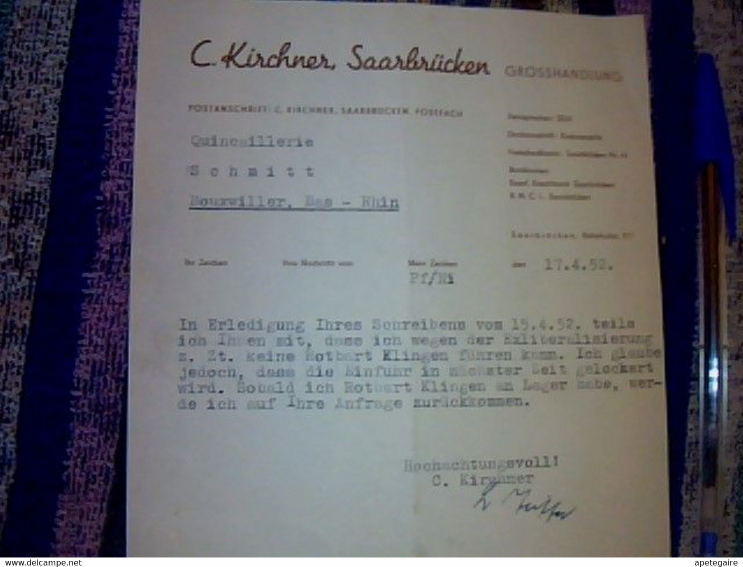 Allemagne Facture Lettre C.Kircner Saarbrücken Grosshandlung écrite En Allemand Pou Une Quincaillerie De Bouxwiller 1952 - 1950 - ...