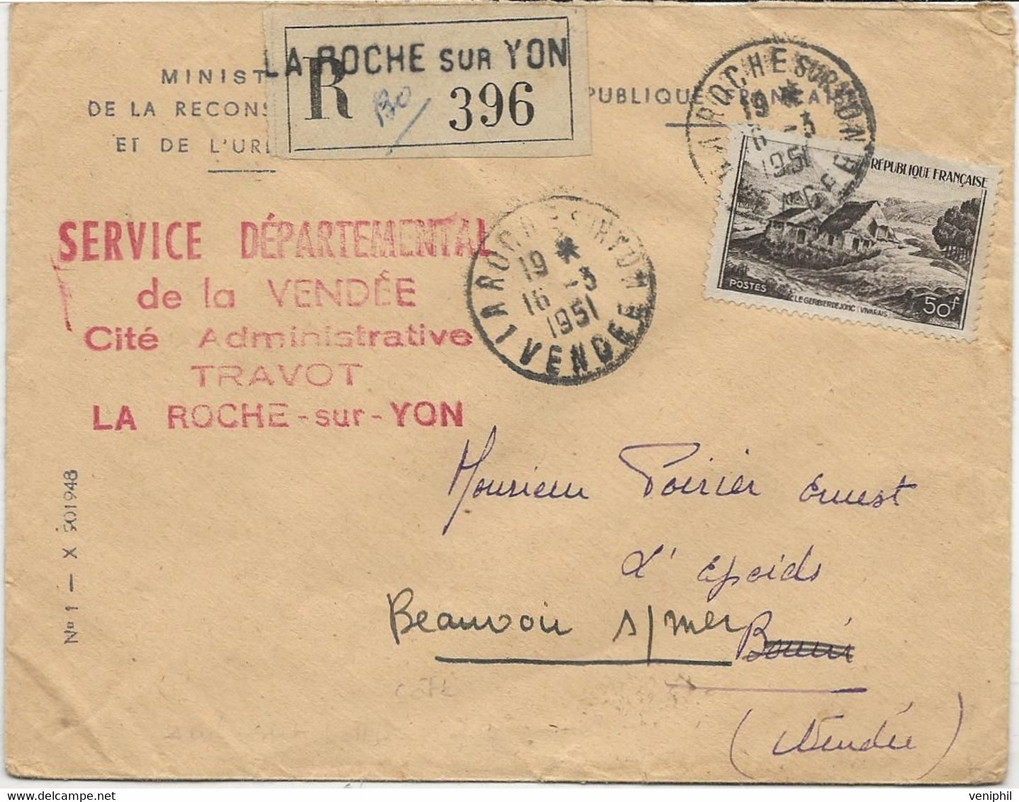 LETTRE RECOMMANDEE AFFRANCHIE N° 843 OBLITEREE CAD LA ROCHE SUR YON -VENDEE -1951 - 1921-1960: Période Moderne