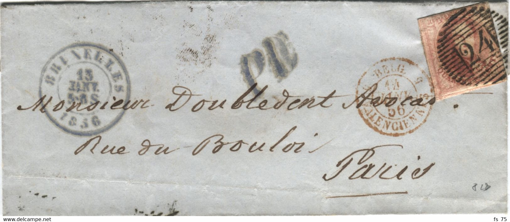 BELGIQUE MEDAILLON N°8 (LD) P24 BRUXELLES SUR LETTRE SANS CORRESPONDANCE POUR PARIS, 1856 - 1851-1857 Medaglioni (6/8)