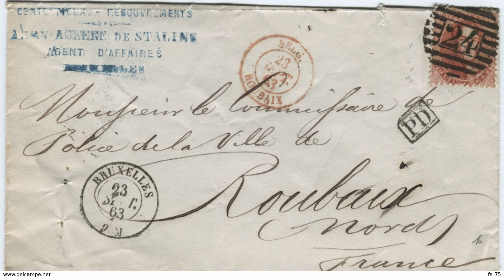BELGIQUE MEDAILLON N°16 P24 BRUXELLES SUR LETTRE SANS CORRESPONDANCE POUR ROUBAIX, 1863 - 1863-1864 Medaillen (13/16)