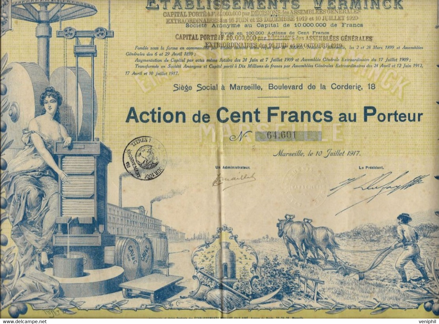 ETABLISSEMENT VERMINCK - MARSEILLE - ACTION ILLUSTREE DE 100 FRS - ANNEE 1917 - Parfum & Cosmetica