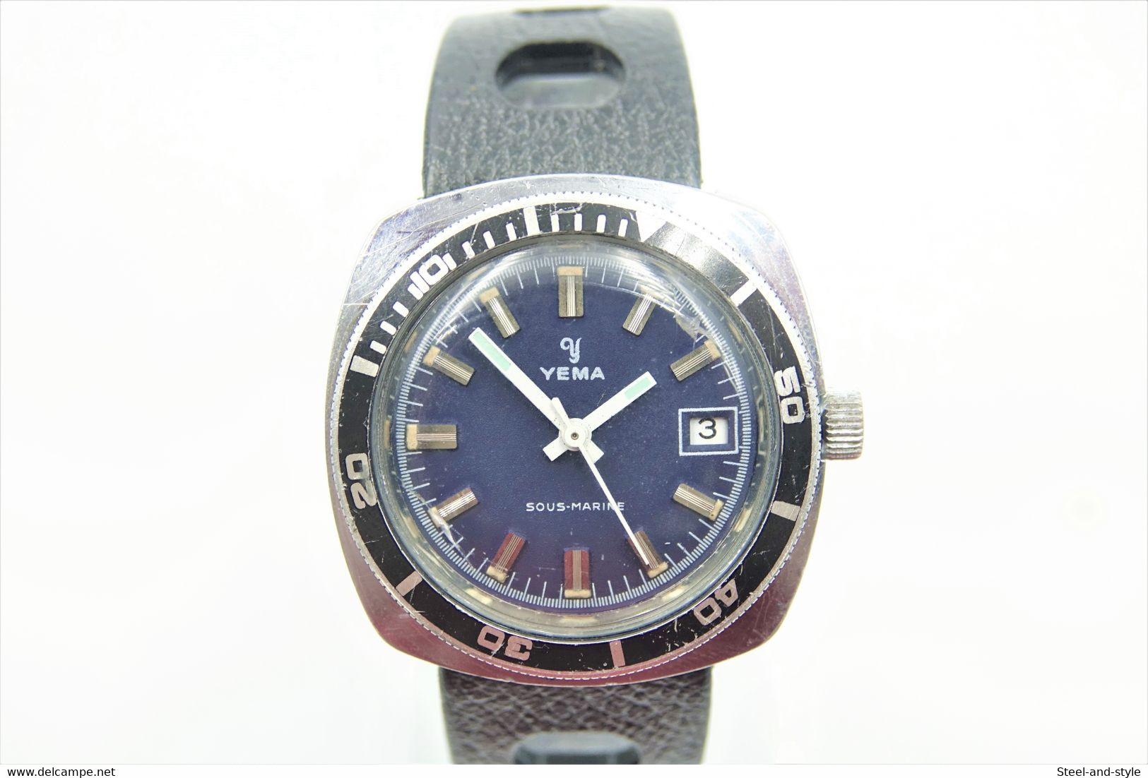 watches : YEMA MEN SOUS MARINE DIVER BLUE W TROPIC SPORT HAND WIND - 1980's  - original - running - excelent condition