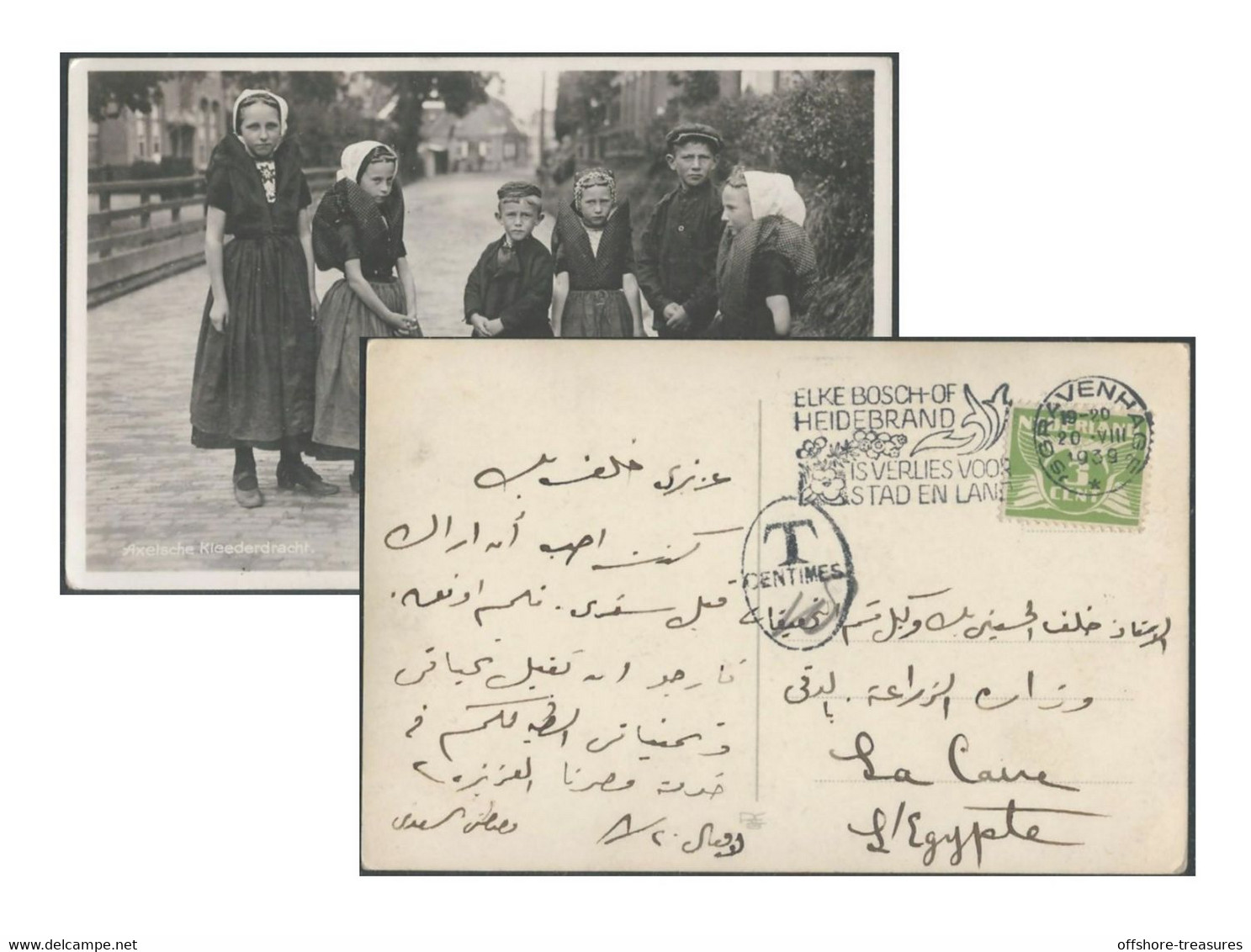 Holland To Egypt 1939 TAXED Postcard Axelsche Kleederdracht Costume Types Netherlands Post Card S-Gravenhage /The HAGUE - Axel