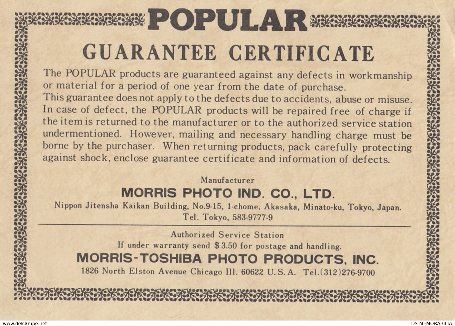 Morris Toshiba POPULAR 303S Electronic Flash Instructions Manuals + Warranty Card - Matériel & Accessoires