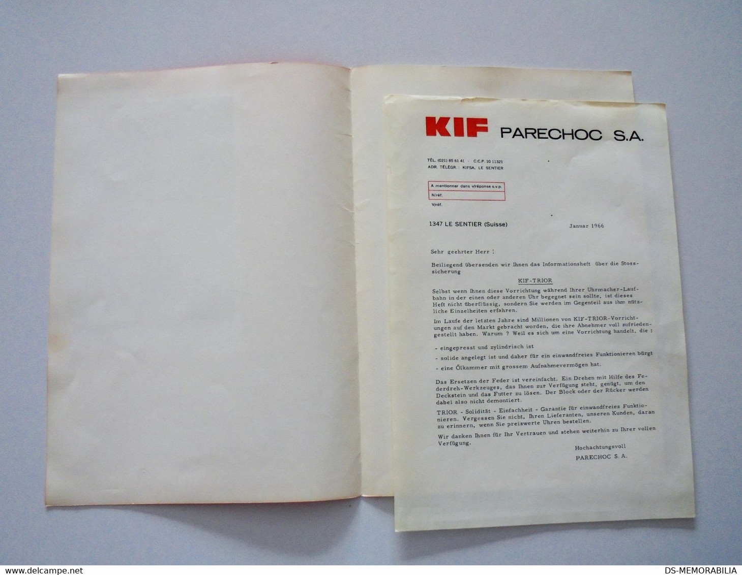 Parechoc KIF Le Sentier Switzerland 2 Old Prospects Brochures - Orologi Pubblicitari