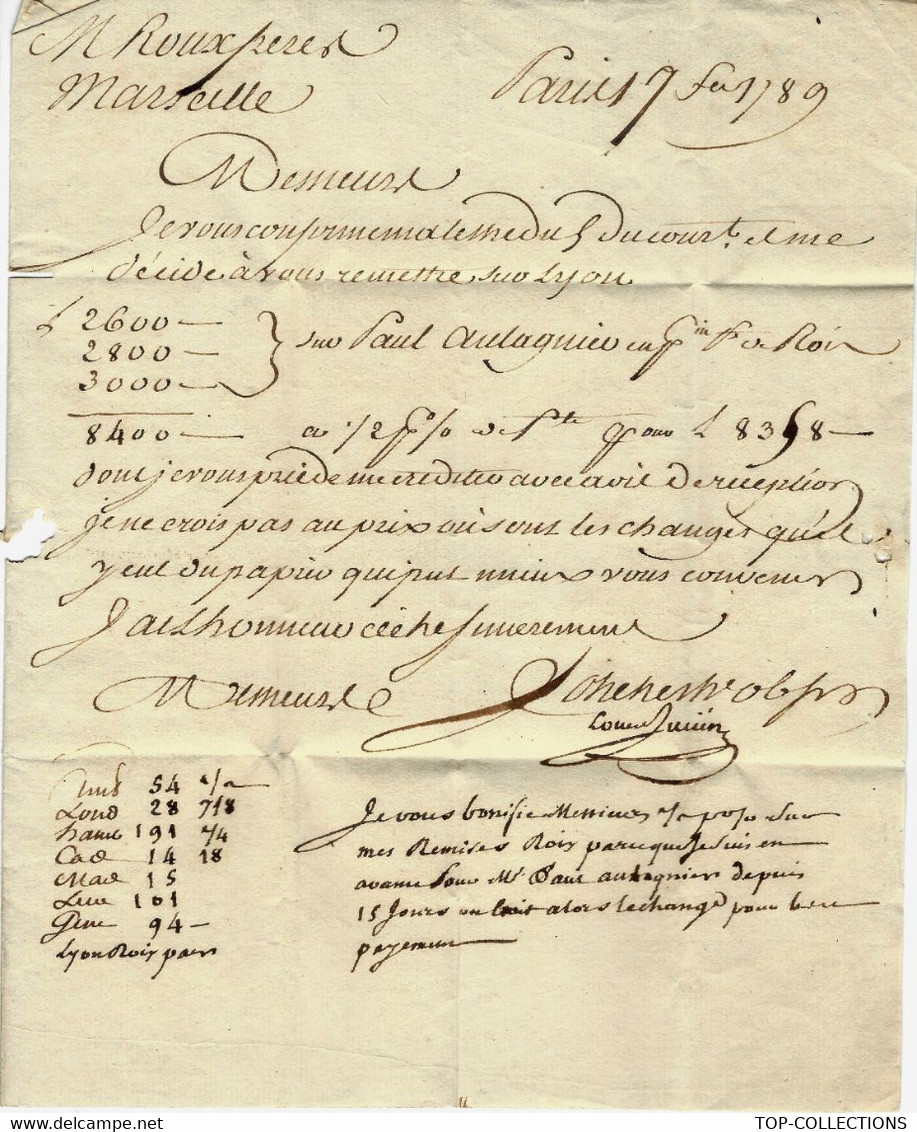 1789 Louis Julien Banque Paris POUR Roux  Frères NEGOCE BANQUE à MARSEILLE V.HISTORIQUE - ... - 1799