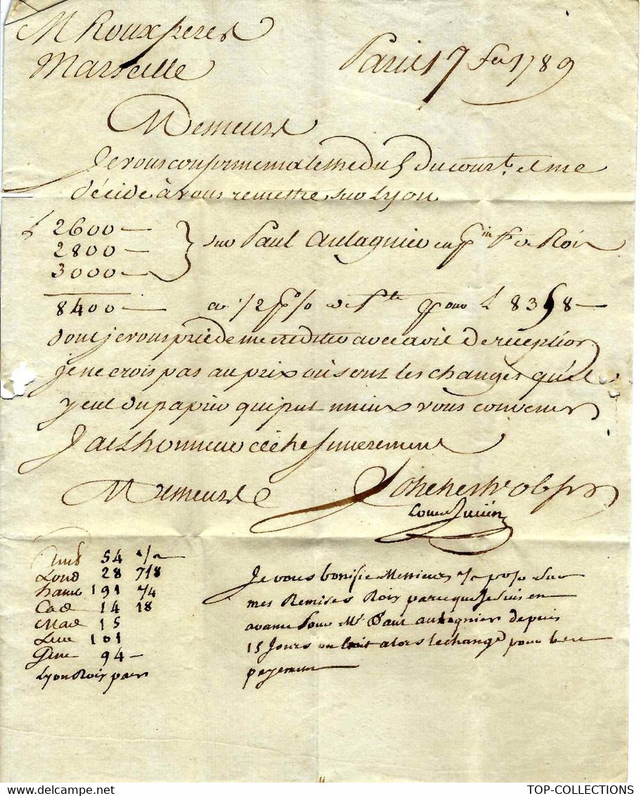 1789 Louis Julien Banque Paris POUR Roux  Frères NEGOCE BANQUE à MARSEILLE V.HISTORIQUE - ... - 1799