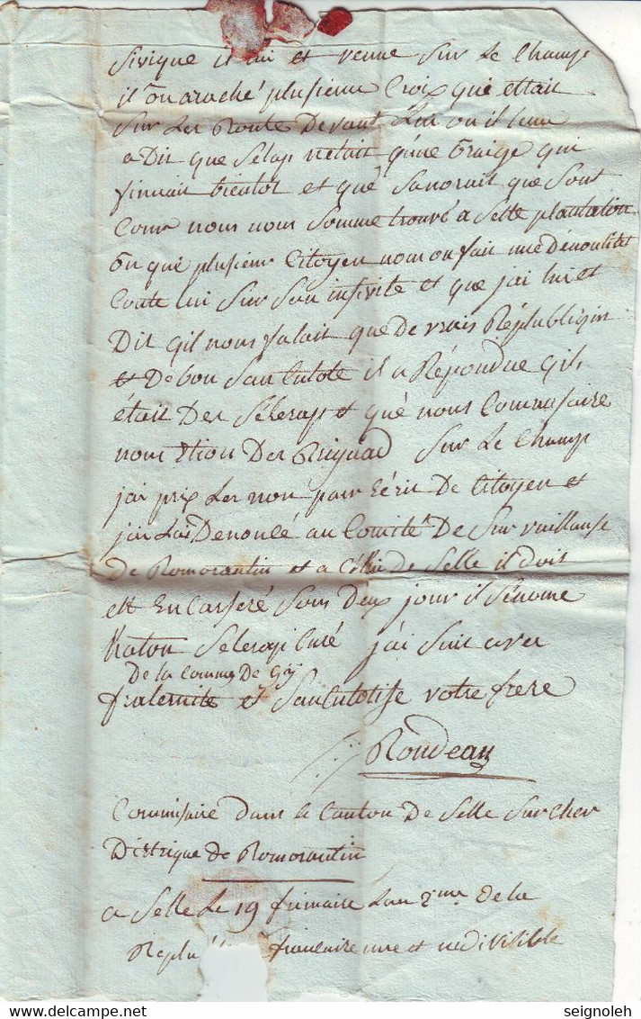 Marque Postale 40 SELLES Sur Lettre TEXTE HISTORIQUE !!! 19 Frimaire An 2 , Loir Et Cher , Ind 20 = 500 Euros - 1701-1800: Précurseurs XVIII