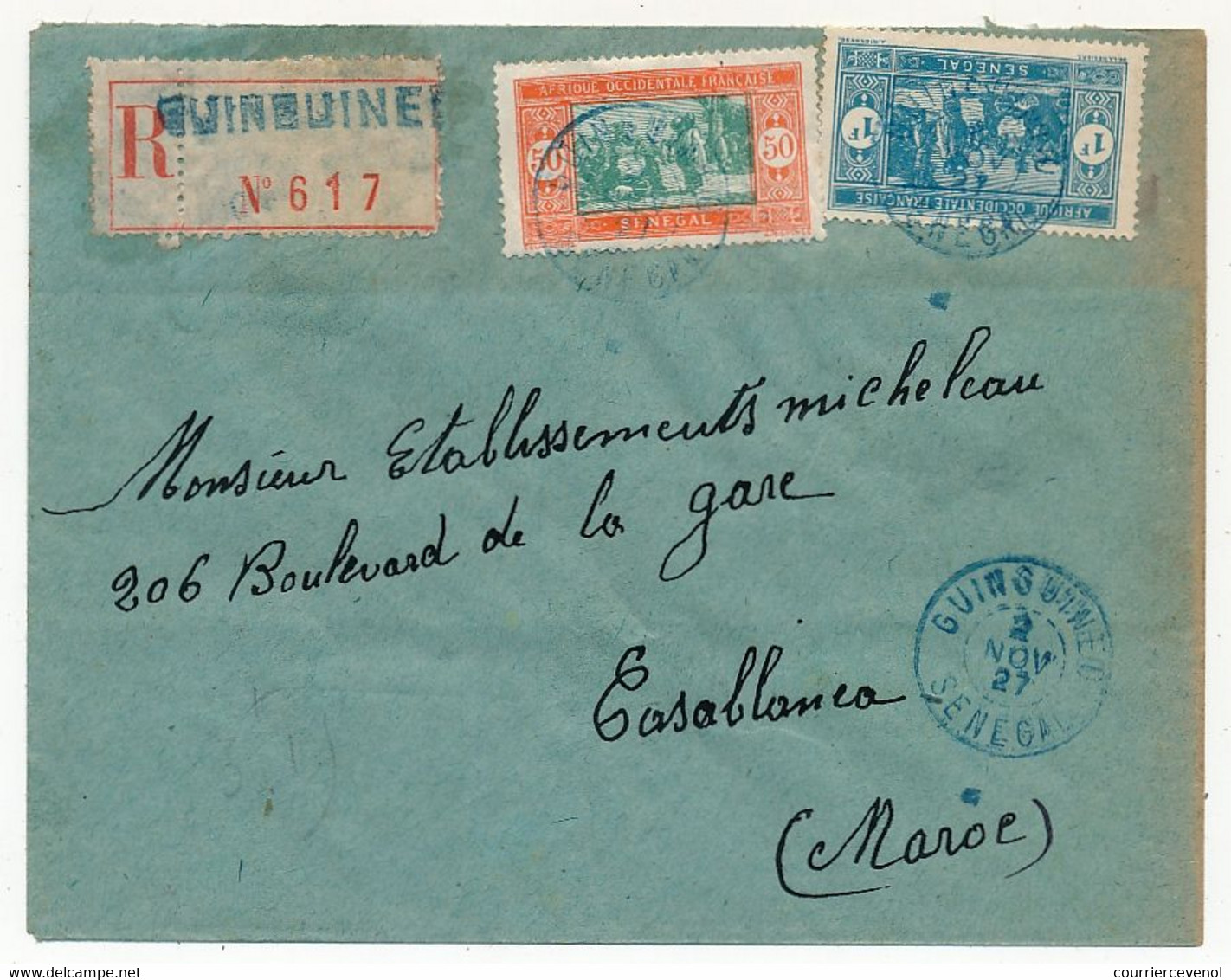 SENEGAL - Lettre Recom. Affr. Composé Depuis GUINGUINEO - SENEGAL, 2 Nov 1927, Pour Casablanca - Brieven En Documenten