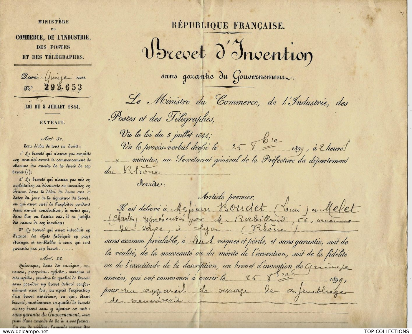 SUPERBE 1898 DOSSIER COMPLET DE DEPOT DE BREVET ET BREVET DELIVRE + PLAN MM. BOUDET ET MELET MENUISERIE B.E. VOIR DETAIL - Máquinas