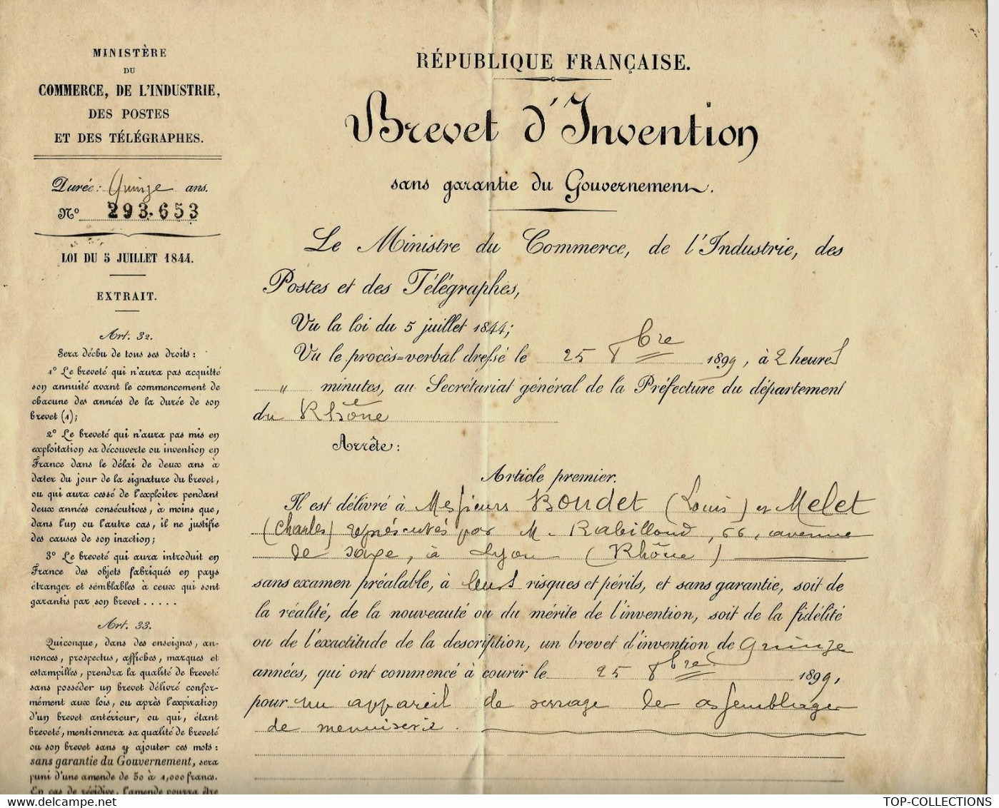 SUPERBE 1898 DOSSIER COMPLET DE DEPOT DE BREVET ET BREVET DELIVRE + PLAN MM. BOUDET ET MELET MENUISERIE B.E. VOIR DETAIL - Tools