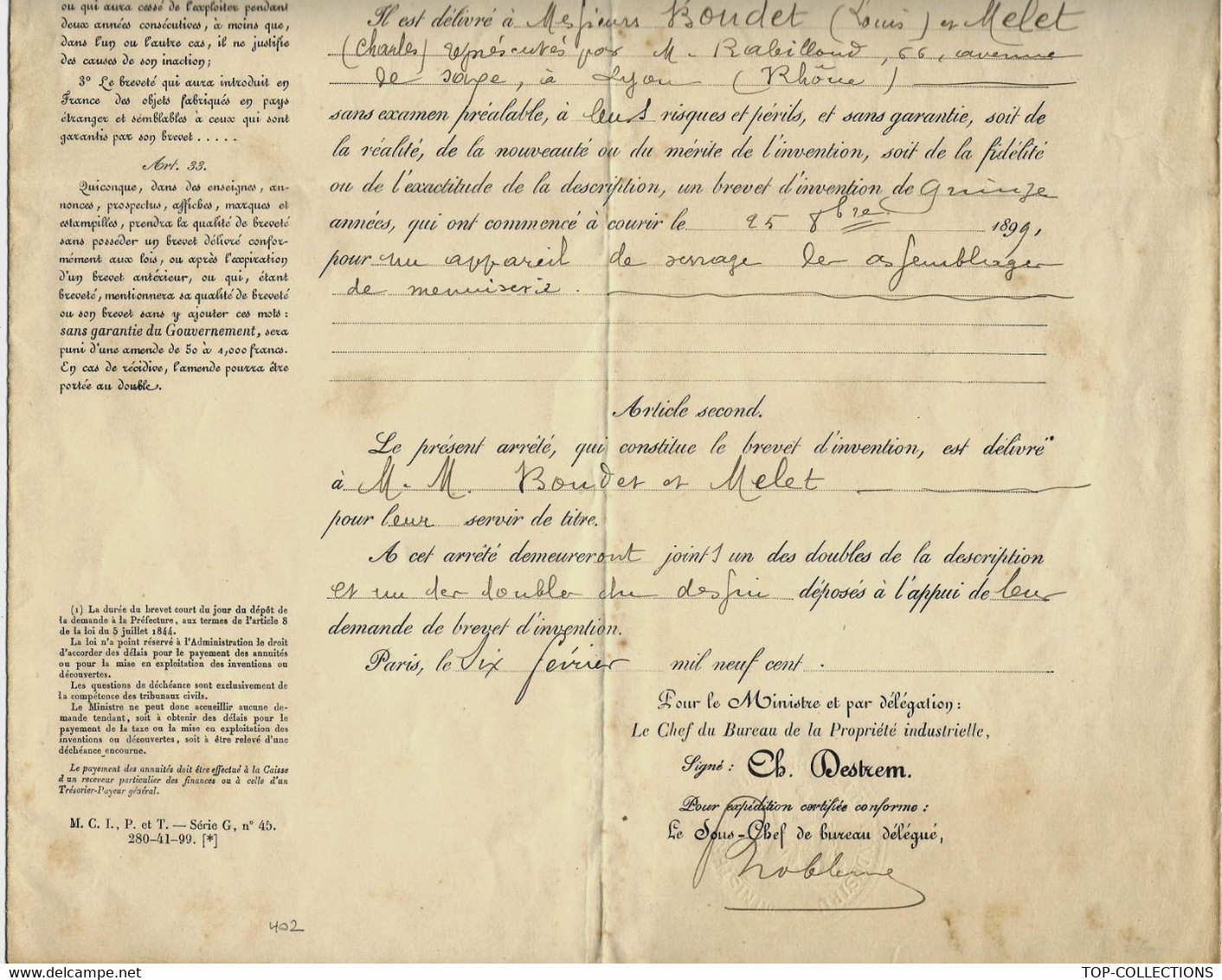 SUPERBE 1898 DOSSIER COMPLET DE DEPOT DE BREVET ET BREVET DELIVRE + PLAN MM. BOUDET ET MELET MENUISERIE B.E. VOIR DETAIL - Macchine