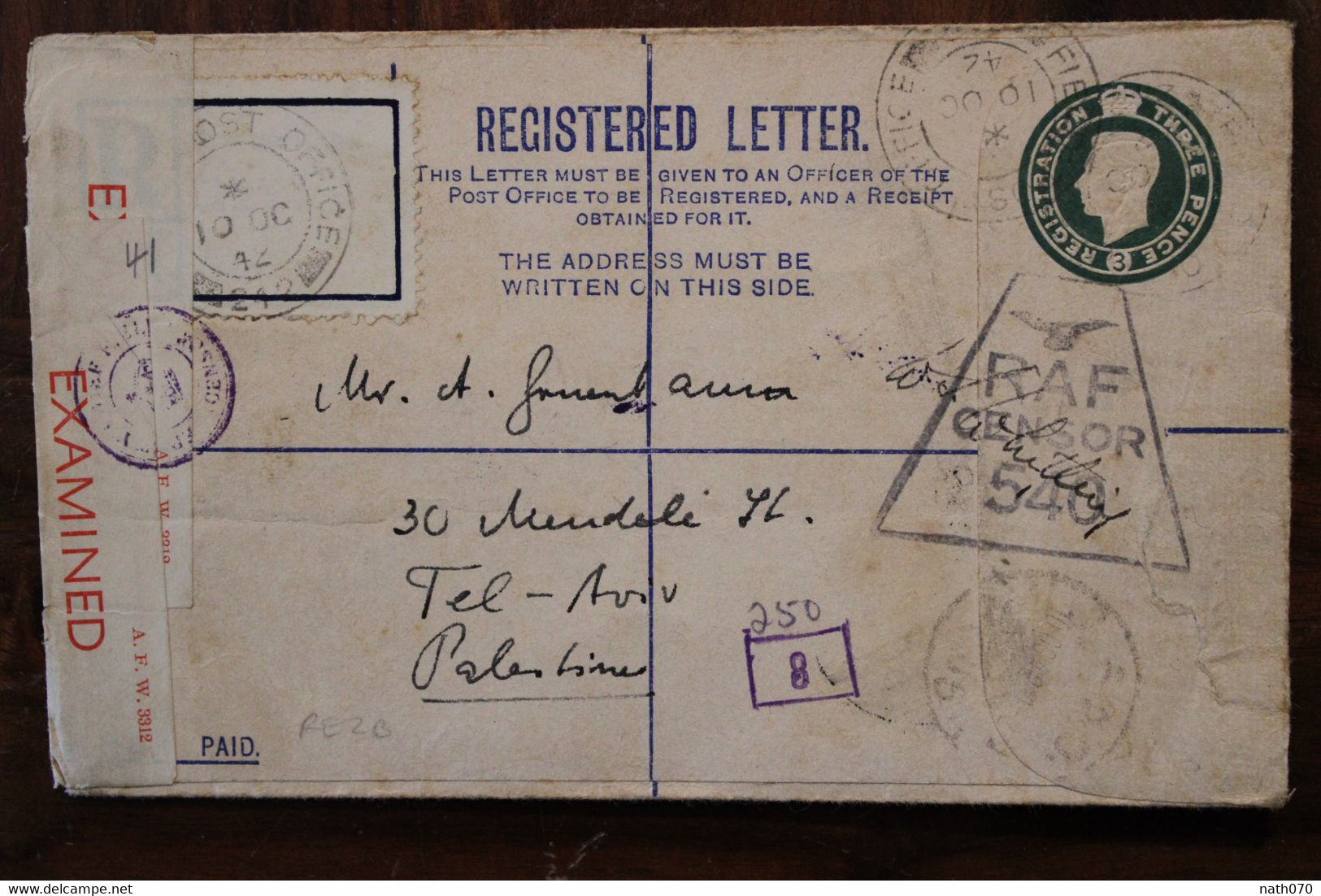 1942 LEVANT Registered UK GB RAF Cover Censor Zensur Palestine Palästina Israel FPO 242 Fieldpost Air Mail FDP Feldpost - Palestina