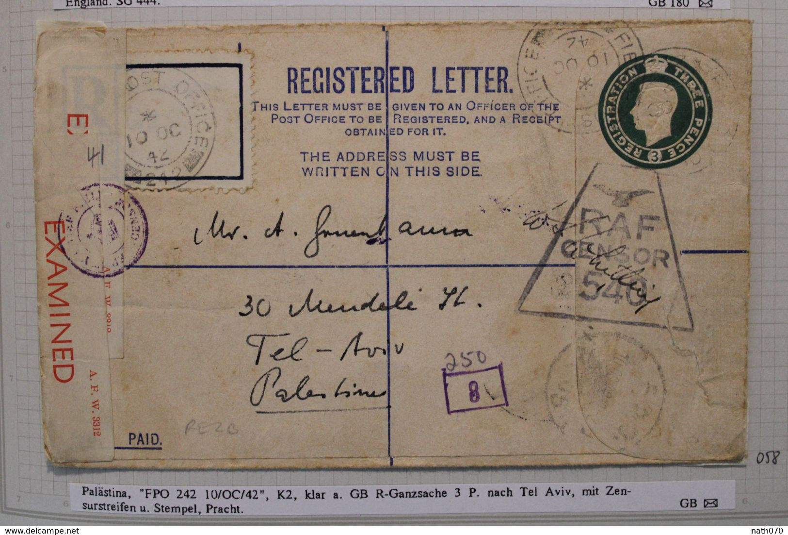 1942 LEVANT Registered UK GB RAF Cover Censor Zensur Palestine Palästina Israel FPO 242 Fieldpost Air Mail FDP Feldpost - Palestine