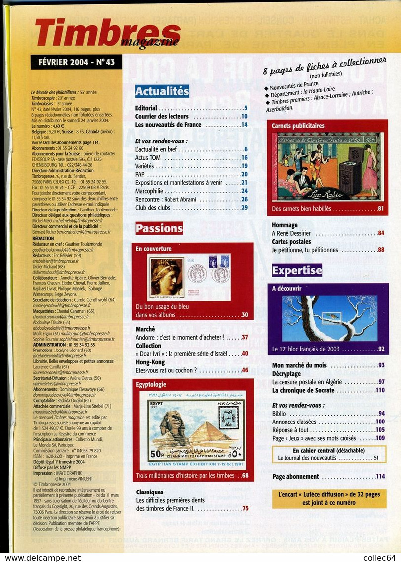 TIMBRES Magazine N°43 (02/2004) - Marianne - Israël - Andorre - Astrologie - Carnets - Francés (desde 1941)