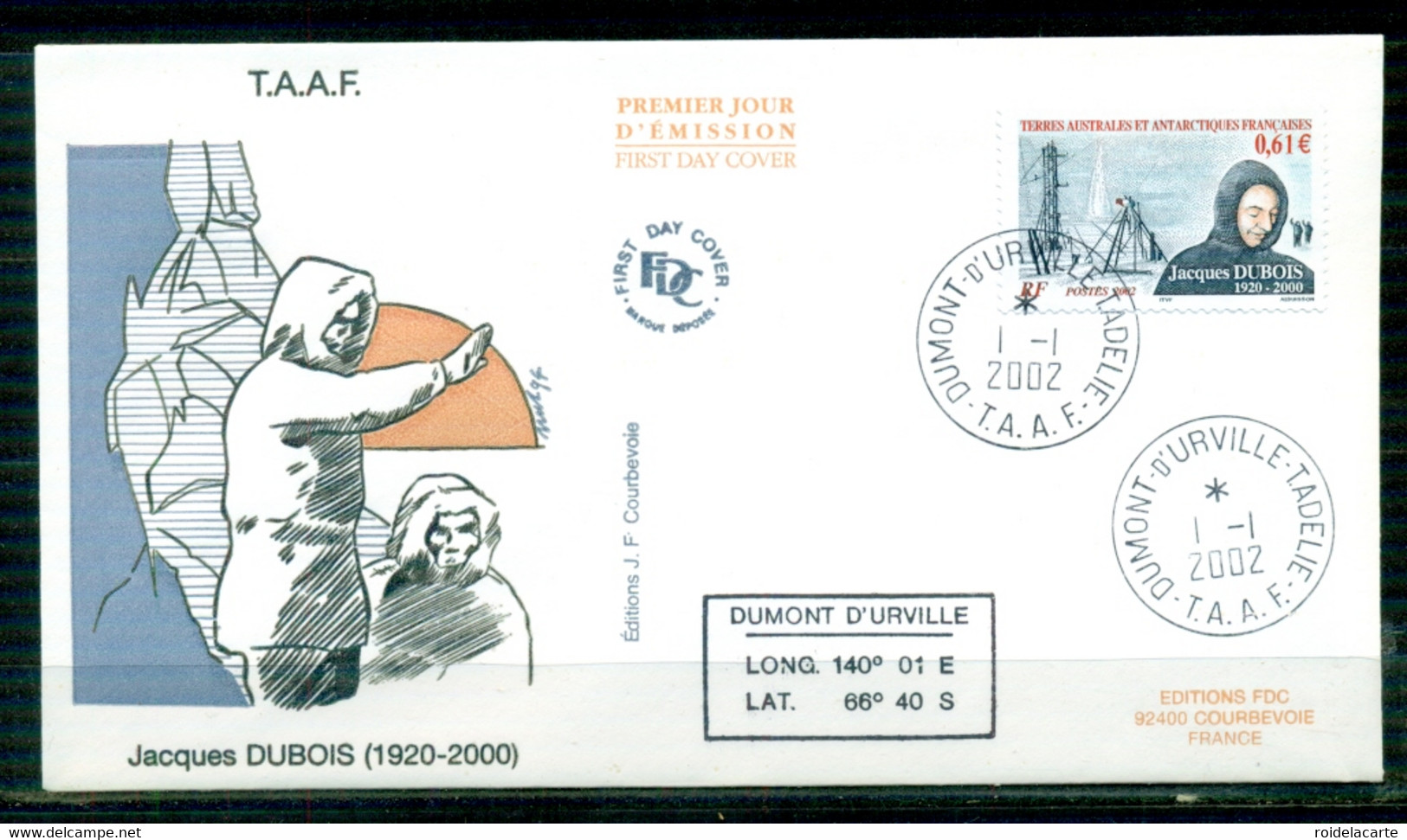 FDC-Carte Maximum Card #TAAF-FSAT 2002 (N°Yv. 331 ) Jacques Dubois (1920-2000)-Base Dumont D' Urville-Viviès - FDC