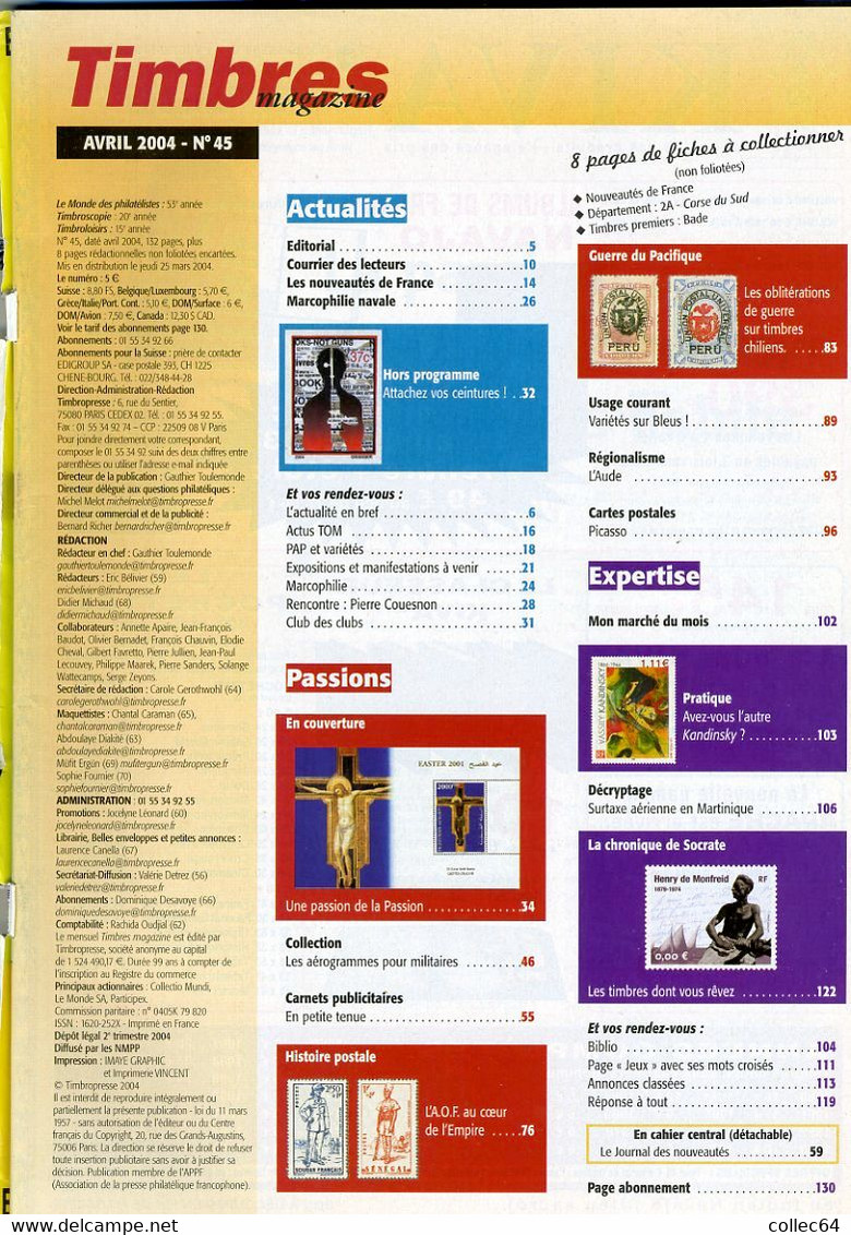 TIMBRES Magazine N°45 (04/2004) - Pâques - Pétain - Aérogrammes - Carnets - L'A.O.F. - Français (àpd. 1941)