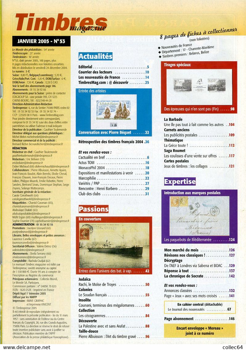 TIMBRES Magazine N°53 (01/2005) - Bateaux à Vapeur - Palestine - Soudan Français - Cécogrammes - Barbade - Français (àpd. 1941)