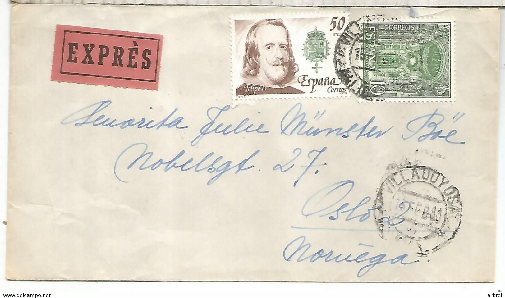 VILAJOYOSA ALICANTE CC URGENTE A OSLO 1980 SELLO FELIPE IV CARTUJA GRANADA - Eilbriefmarken