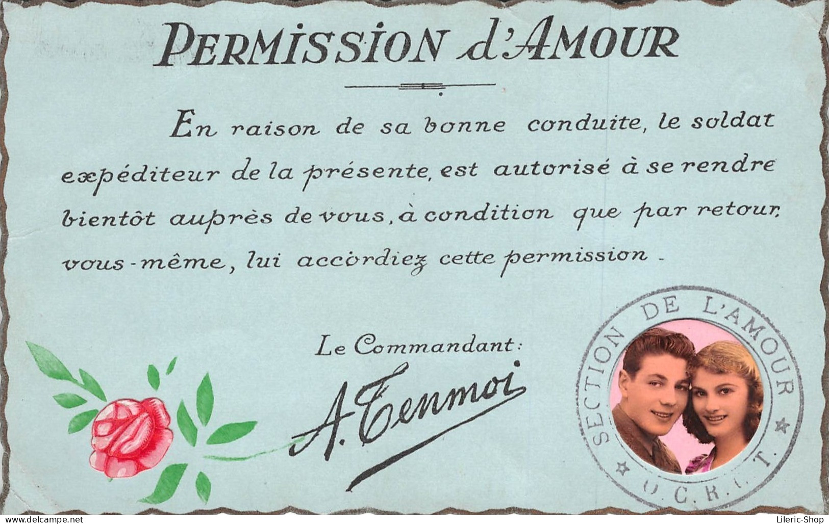 Couple Amoureux Militaria Humoristique, PERMISSION D'AMOUR, Signé Le Commandant A. Tenmoy Cpa - Couples