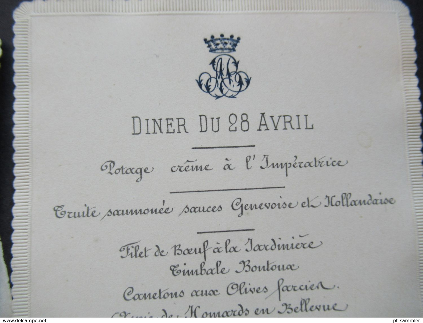 Frankreich 1868 Menukarte Diner Du 28 Avril Monogramm Mit Krone / Königshaus / Kaiser ?? Xx Menükarte - Menus