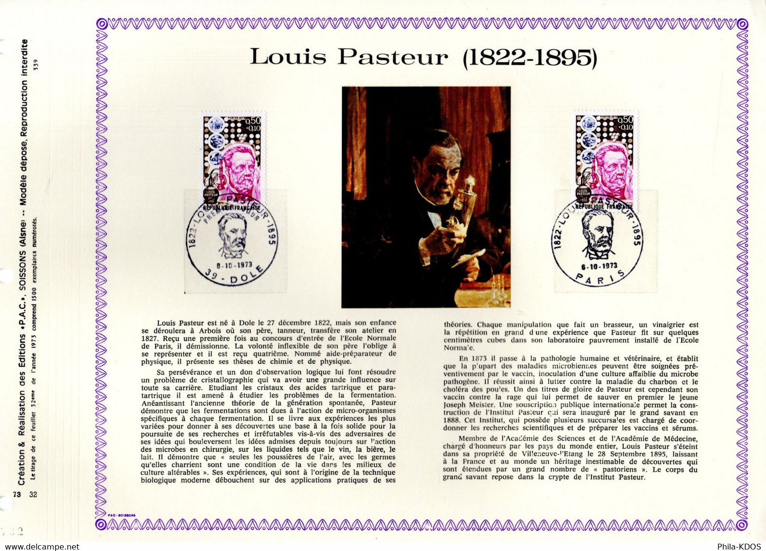 &#9989; RR 1500 Ex. " LOUIS PASTEUR " Sur Feuillet PAC N°té RARE De 1973 N°YT 1768. Parfait état. RR - Louis Pasteur