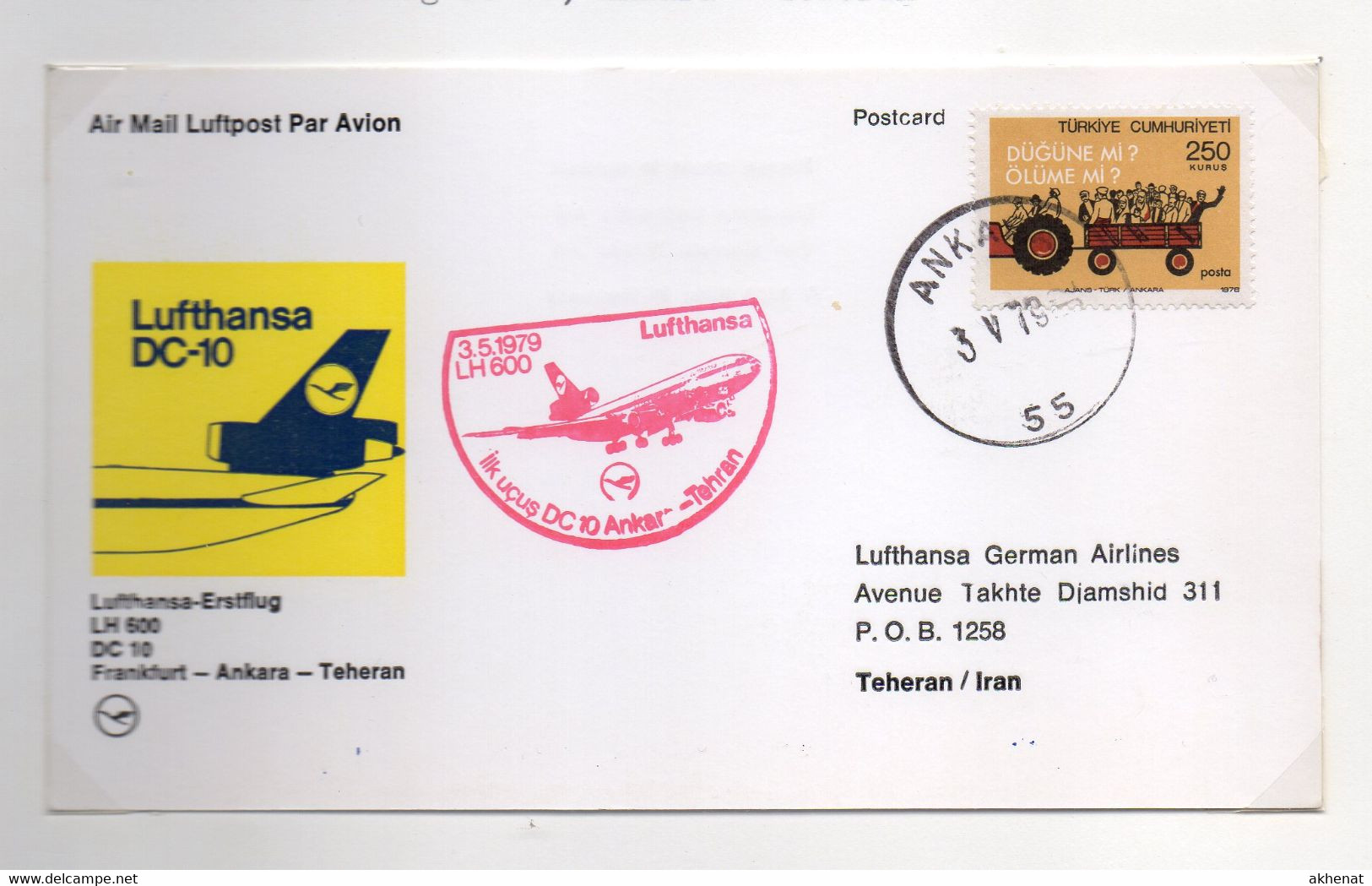 Me93 - TURCHIA IRAN ,  Volo LUFTHANSA  LH600 DC10   Ankara Teheran 3.5.1979 - Lettres & Documents