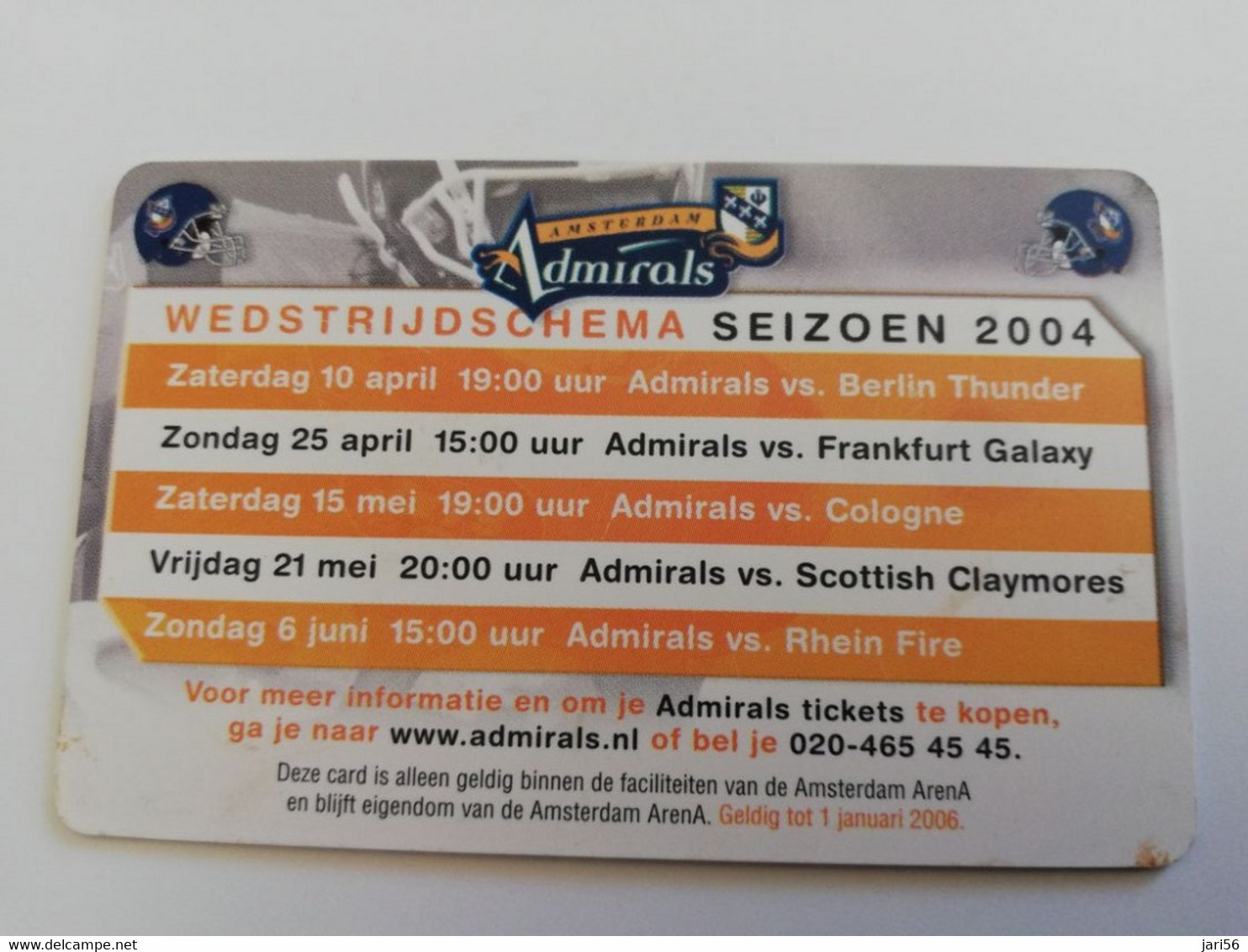 NETHERLANDS  ARENA CARD  10JAAR ADMIRALS/ AMERICAN FOOTBAL/RUGBY      €20- USED CARD  ** 9224** - Publiques