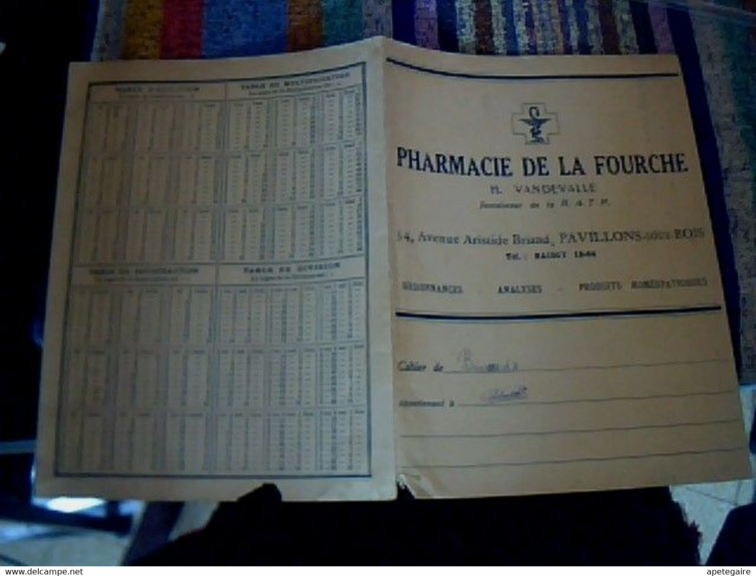 Protège Cahier Publicitaire Pharmacie De La Fourche Fournisseur De La R.A.T.P.  H. Van De Valle à Pavillon Sous Bois - P