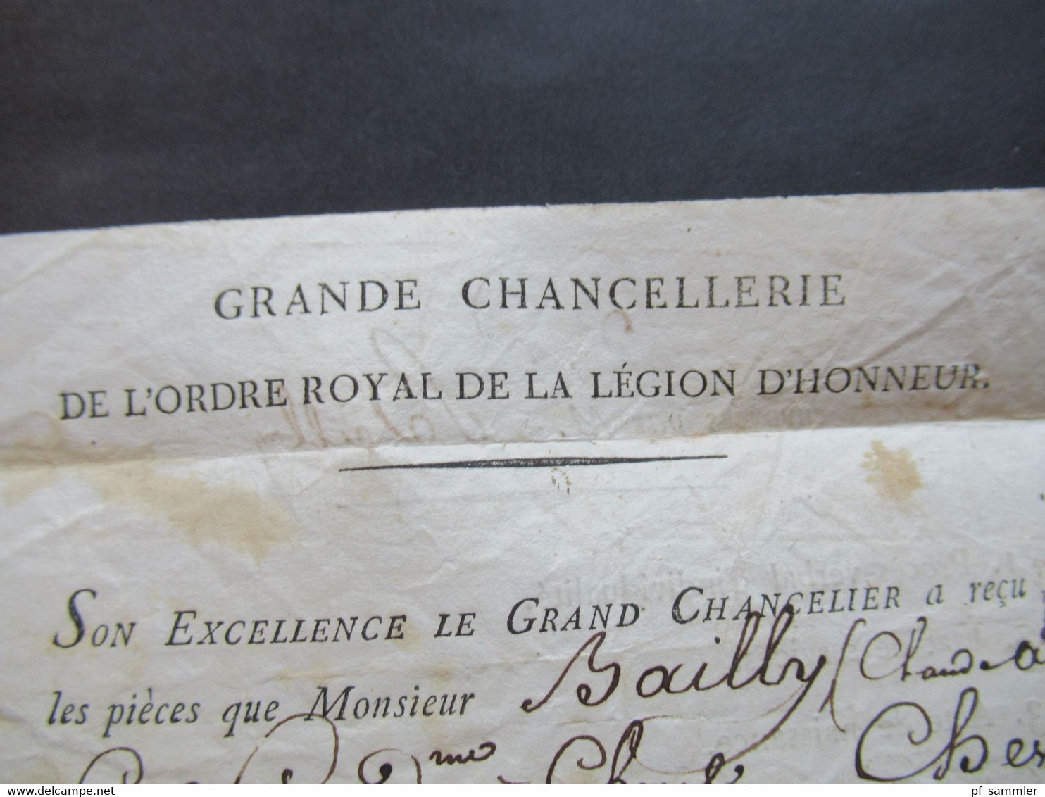 Paris 1821 Grande Chancellerie de L'Ordre Royal de la Legion D'Honneur / Ehrenlegion Monsieur Bailly Chevalier
