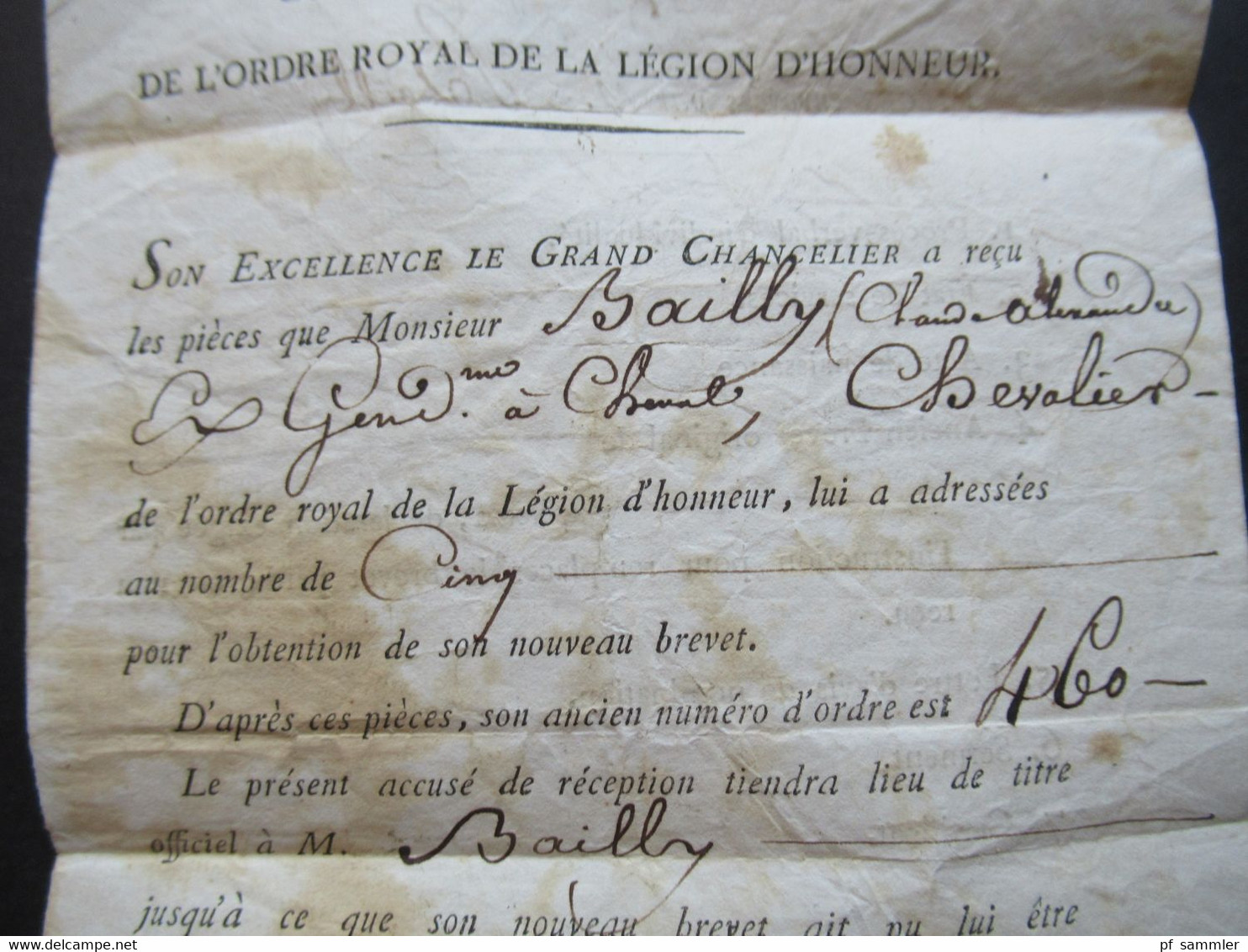 Paris 1821 Grande Chancellerie de L'Ordre Royal de la Legion D'Honneur / Ehrenlegion Monsieur Bailly Chevalier