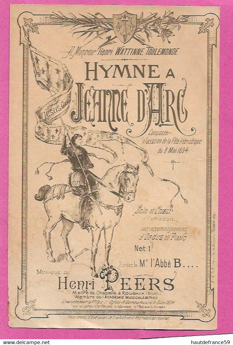 Rare PARTITION  Par Henri PEERS Maitre Organiste De Notre Dame Roubaix HYMNE A JEANNE D ARC  Solo Choeur Orgue Piano - Corales