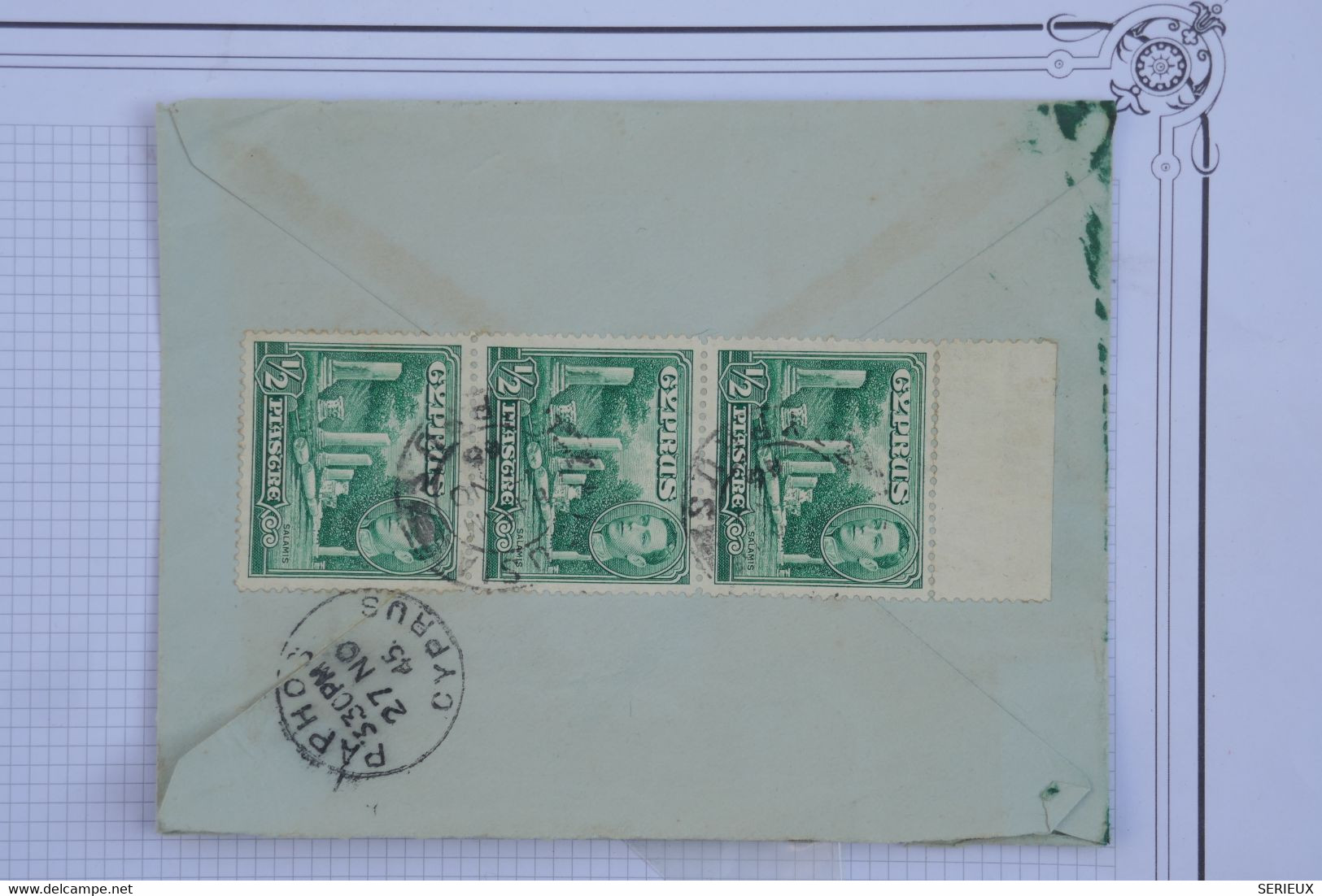 T16 CHYPRE  BELLE LETTRE RECOM.  1945 CYPRUS PAPHOS   POUR ?  ++ BANDE VERT. 3 T.P +AFFRANCH. INTERESSANT - Chypre (...-1960)