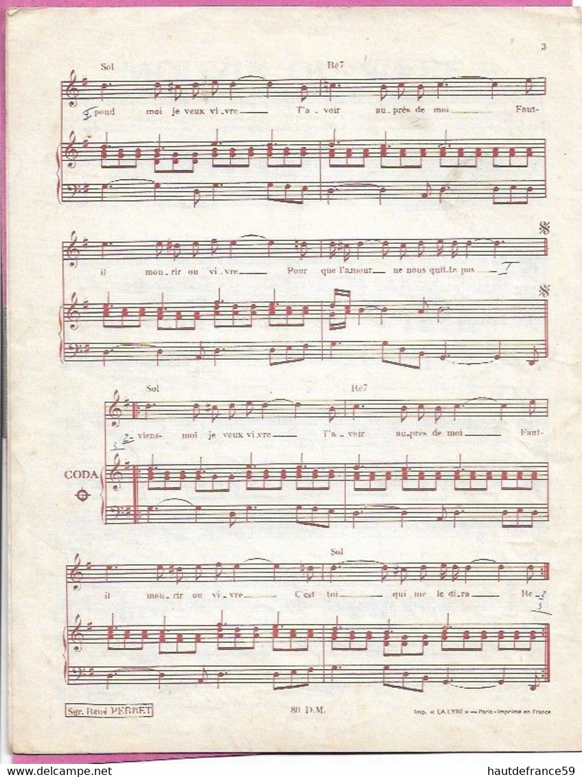 PARTITION Paroles & Musique HERVE VILARD , Mourir Ou Vivre Musique De Danyel Gérard édit Dany Music - Canto (corale)
