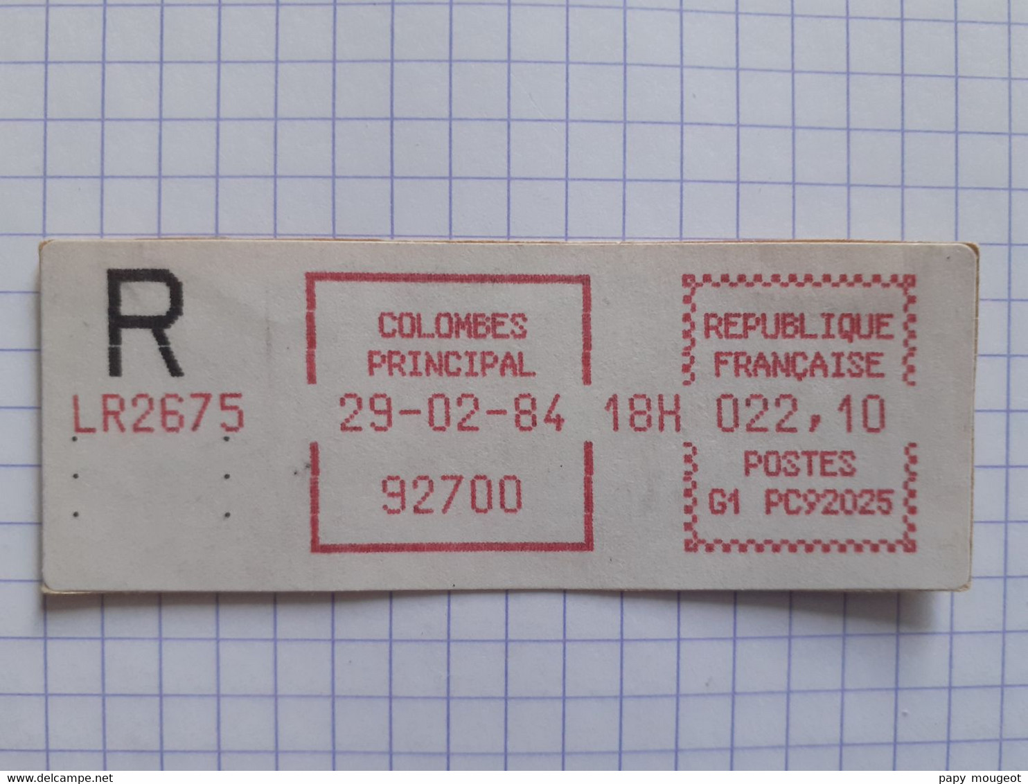 Colombes Principal 92700 - 29-02-84 - G1 PC 92025 Tarif 22.10 Lettre Recommandée LR2675 - 1981-84 LS & LSA Prototypes