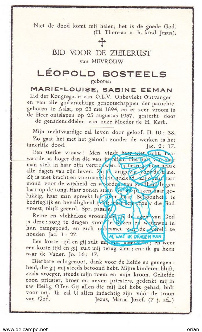 DP Marie Louise Eeman ° Aalst 1894 † 1957 X Léopold Bosteels - Devotieprenten