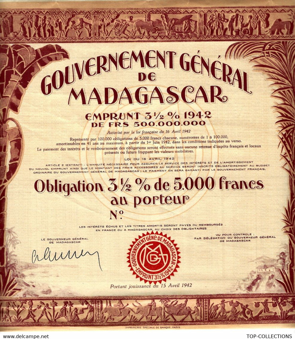 1942 GOUVERNEMENT GENERAL DE MADAGASCAR 3 ½% EMPRUNT OBLIGATION DE 5000 FRS V.SCANS - Banca & Assicurazione