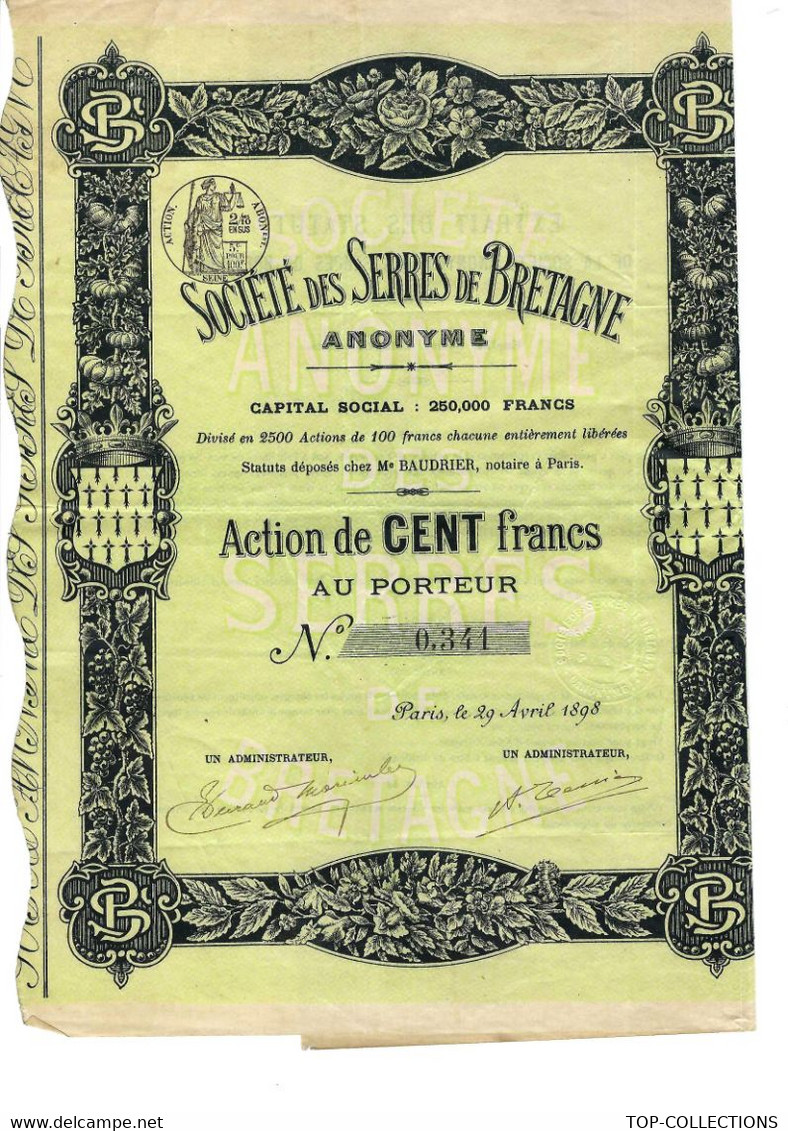 AGRICULTURE 1898 Päramé Ille Et Vilaine SOCIETE DES SERRES DE BRETAGNE ACTION 100 FRS AU PORTEUR B.E COTE 50 EUROS - Agricultura
