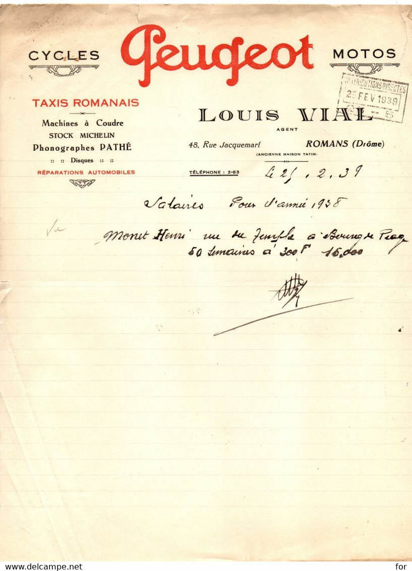 Cycles Peugeot  Motos : Taxi Romanais - Machine à Coudre: Louis Vial : ROMANS Sur ISERE - Drôme : Publicité : état Moyen - Sport En Toerisme