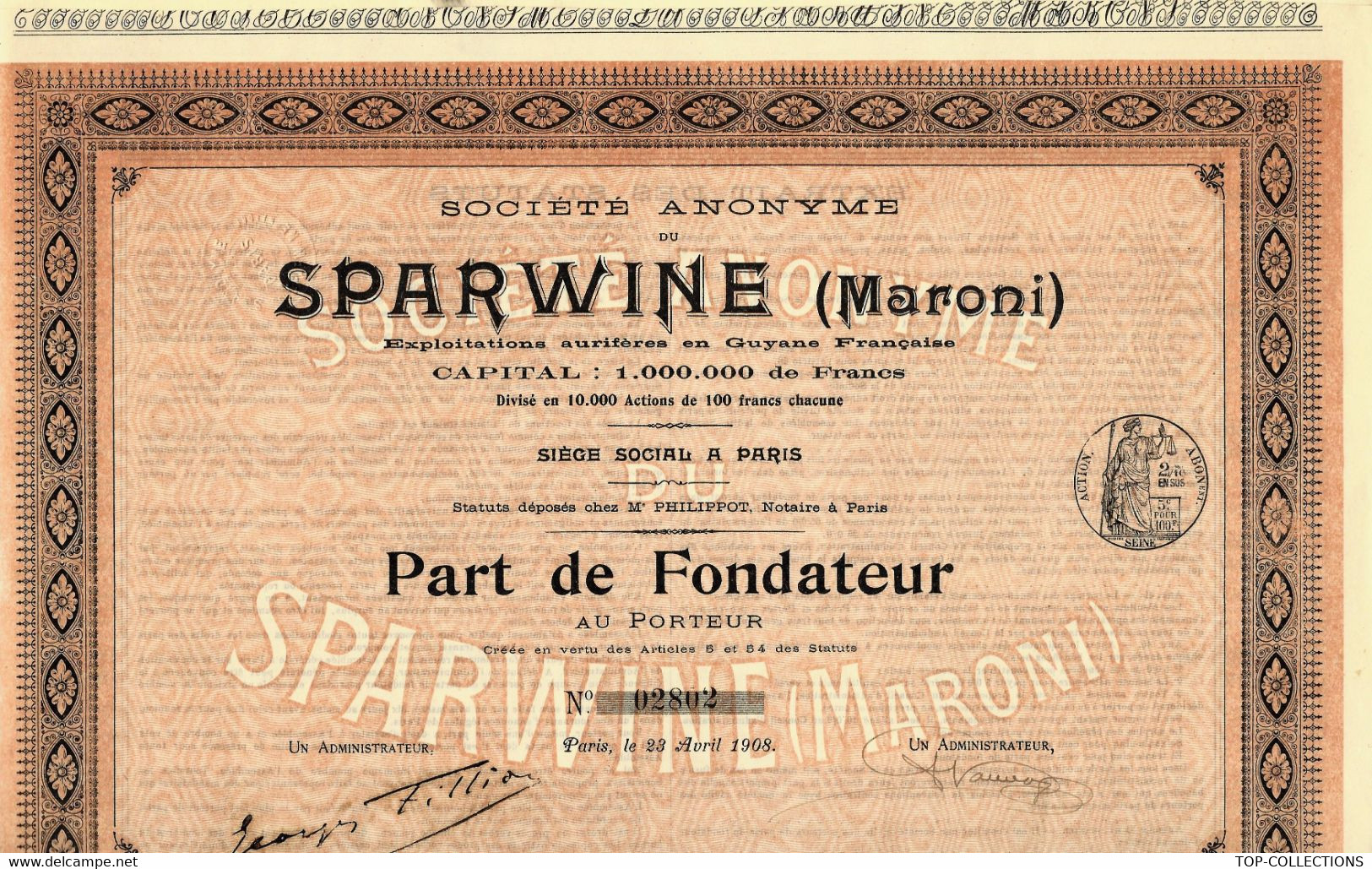 1908 ENTREPRISES COLONIALES GUYANE FRANCAISE EXPLOITATION AURIFERE METAL OR S.A. DU SPARWINE MARONI PART DE FONDATEUR V. - Industrial