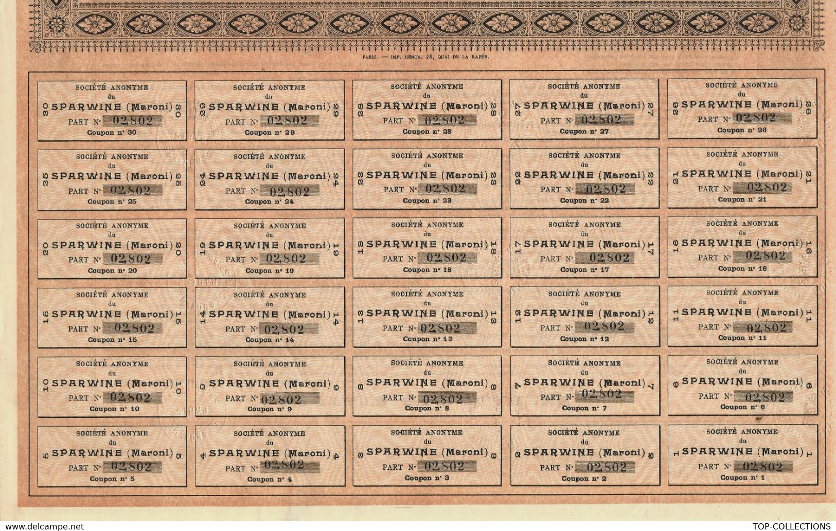 1908 ENTREPRISES COLONIALES GUYANE FRANCAISE EXPLOITATION AURIFERE METAL OR S.A. DU SPARWINE MARONI PART DE FONDATEUR V. - Industry