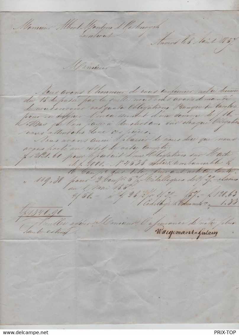 SP643/ TP 6? 3 Marges S/LAC Obl. Anvers 8/Aout/1857  Perception 4 > Schaerbeek C. D'arrivée Bruxelles état Moyen - Postmarks - Lines: Perceptions