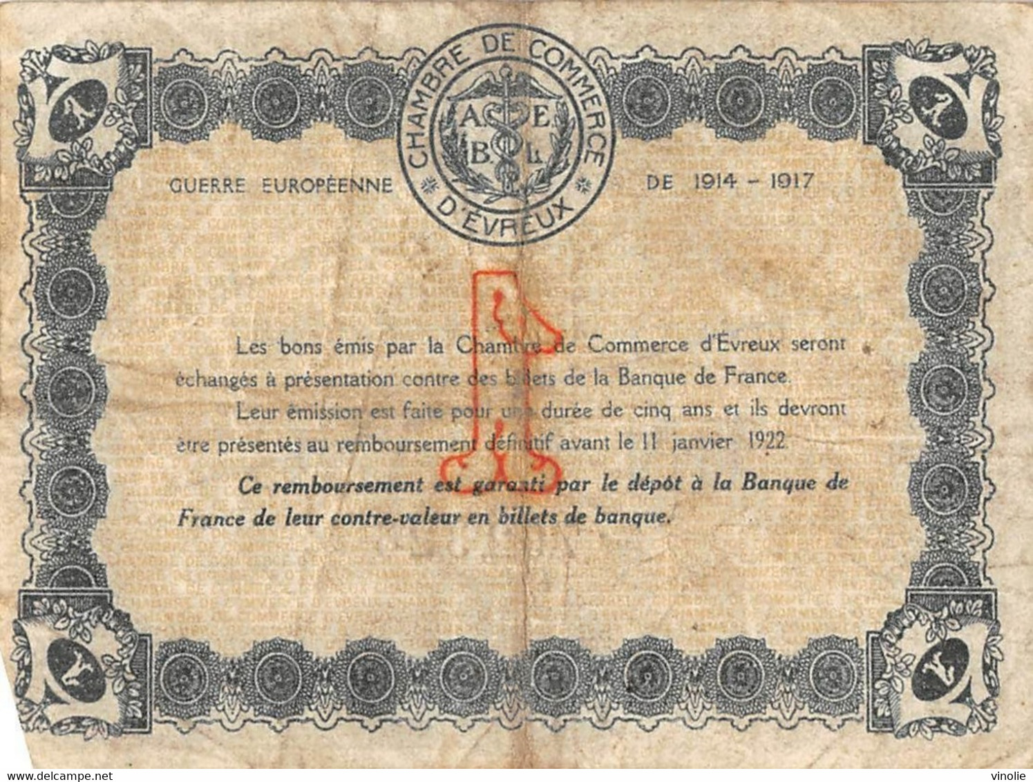 22-1839 : BILLET CHAMBRE DE COMMERCE 1 FRANC. EVREUX. LES ANDELYS. BERNAY. LOUVIERS. EURE - Chambre De Commerce