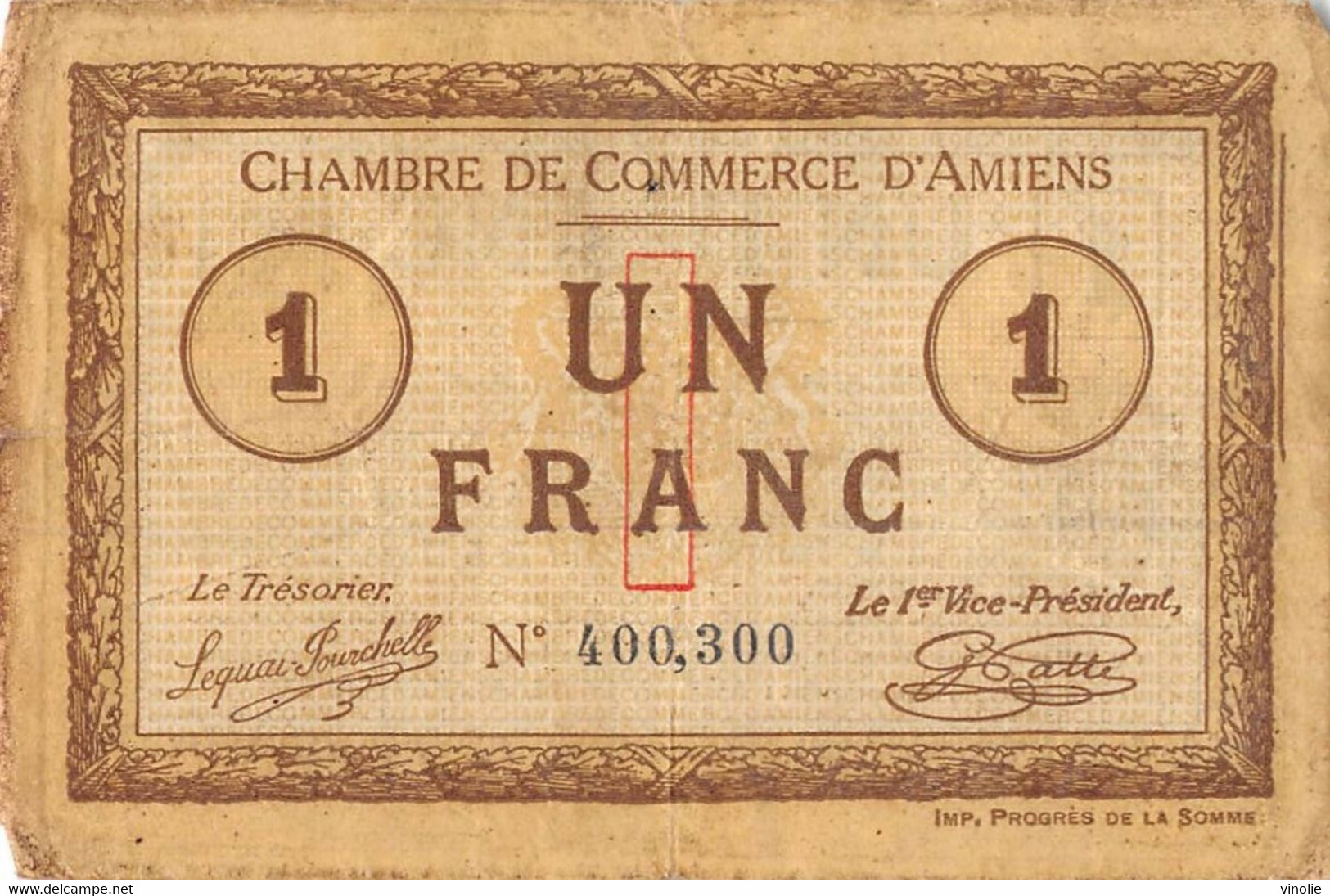 22-1841 : BILLET CHAMBRE DE COMMERCE 1 FRANC. AMIENS. SOMME - Chambre De Commerce