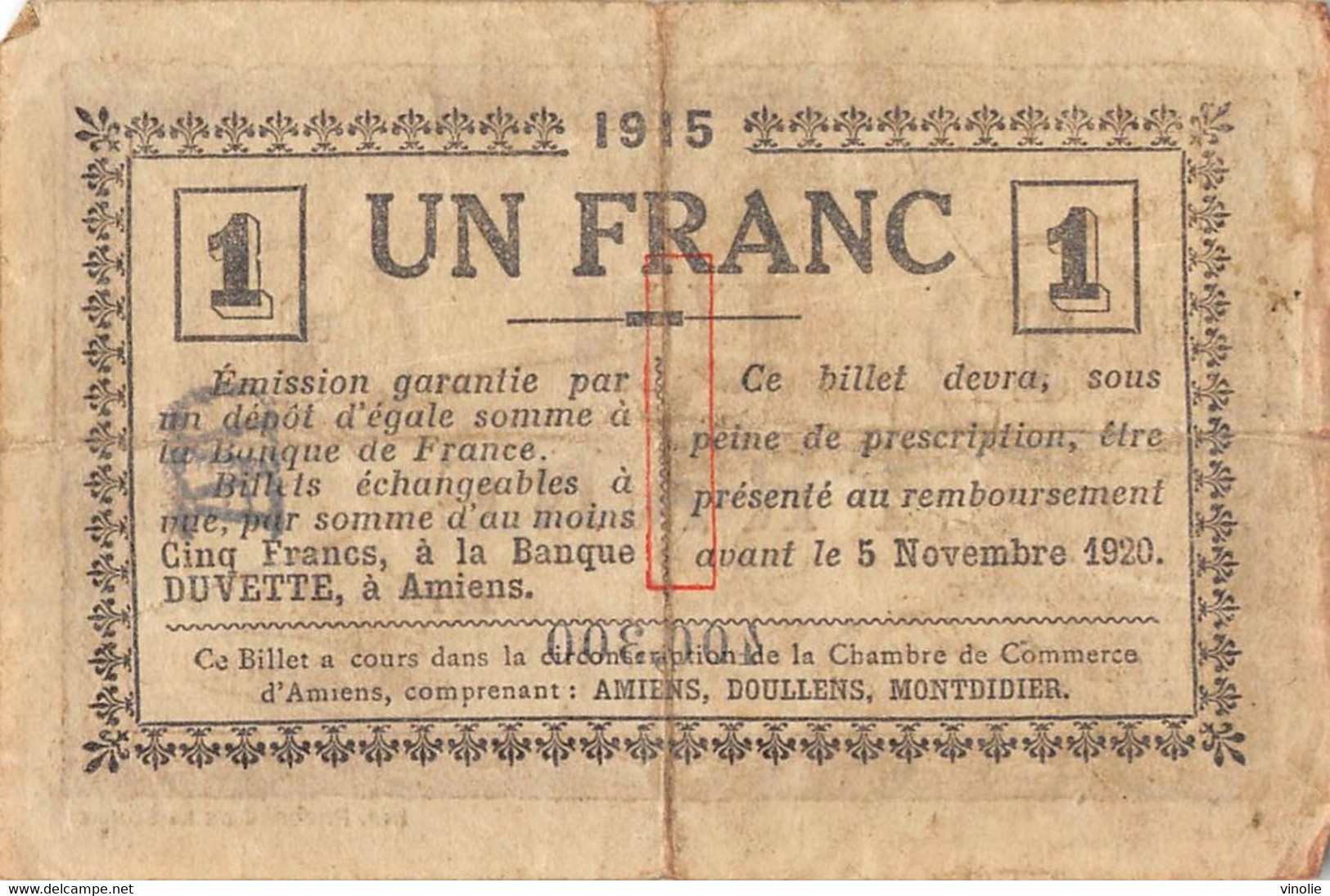 22-1841 : BILLET CHAMBRE DE COMMERCE 1 FRANC. AMIENS. SOMME - Chambre De Commerce